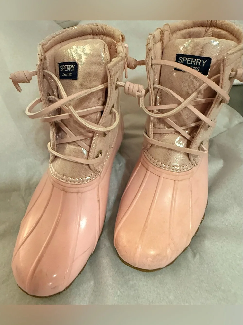 Sperry Saltwater Duck Boots pink rubber duck shell, shimmer metallic blush upper